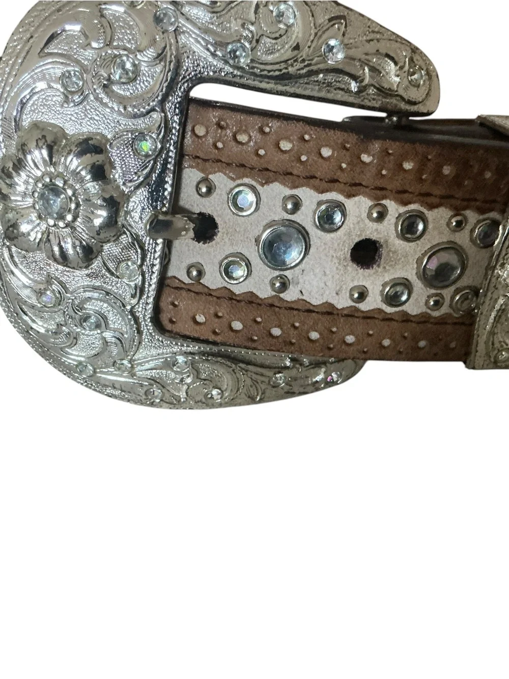 90s Vtg ARIAT belt brown embroidered leather silver floral buckle & rhinestones